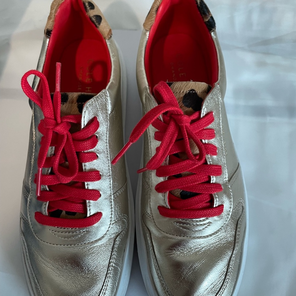 Metallic Silver Sneakers with Red Accents and Leopard Trim